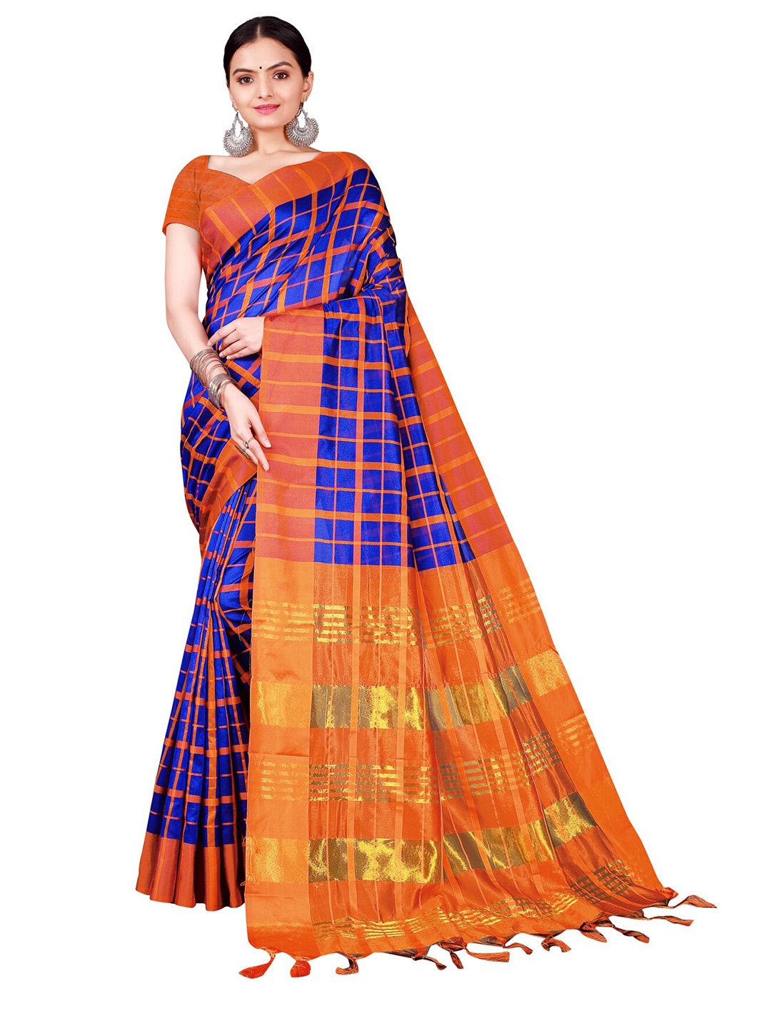 

KALINI Blue & Orange Checked Cotton Silk Saree