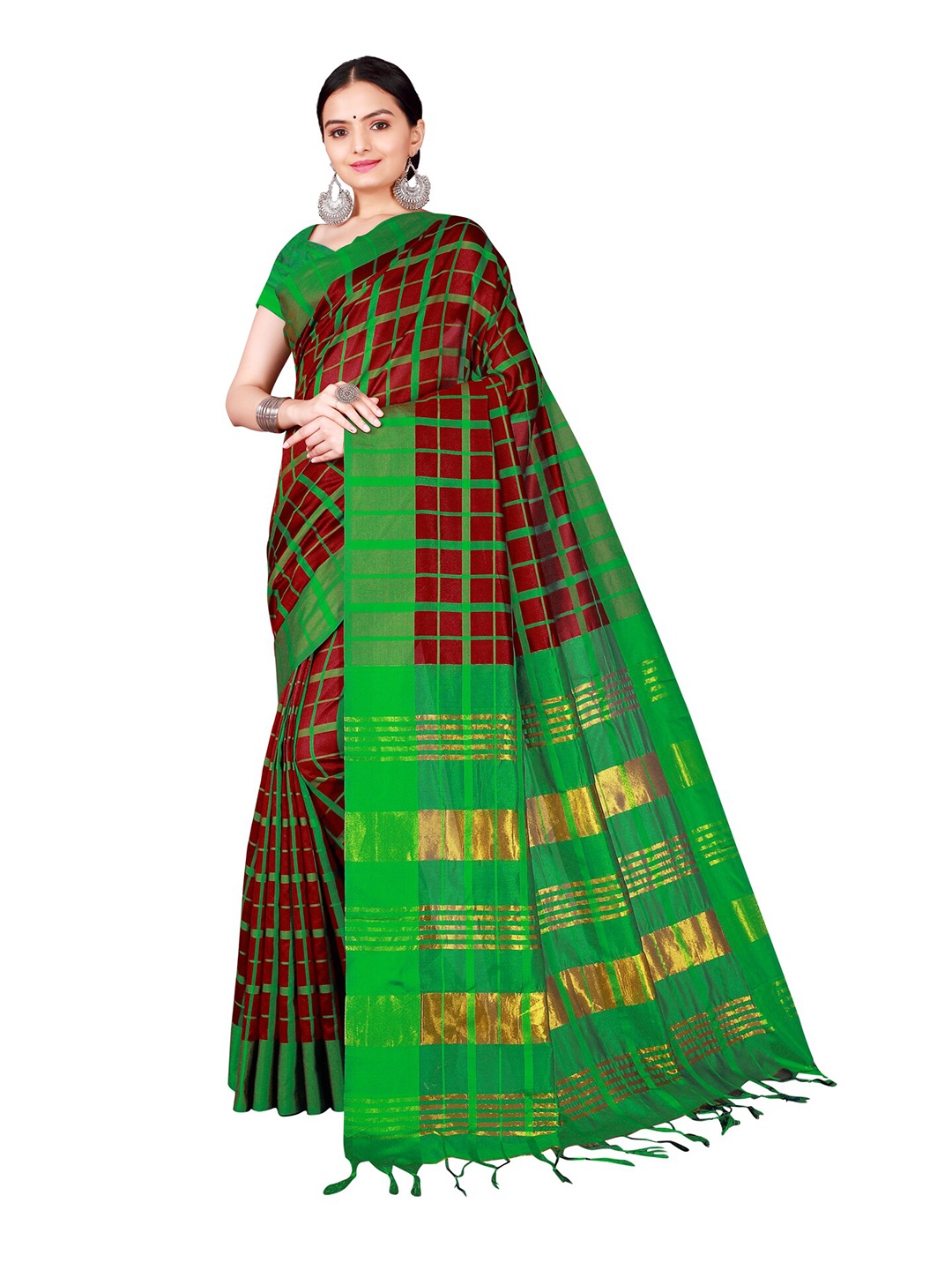 

KALINI Maroon & Green Checked Silk Cotton Saree
