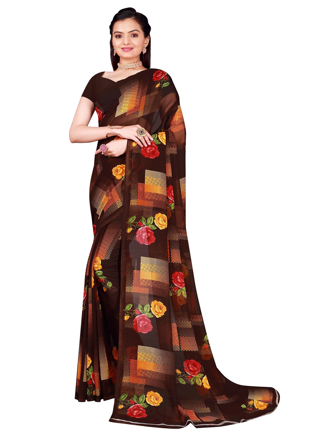 

KALINI Brown & Yellow Floral Pure Georgette Saree