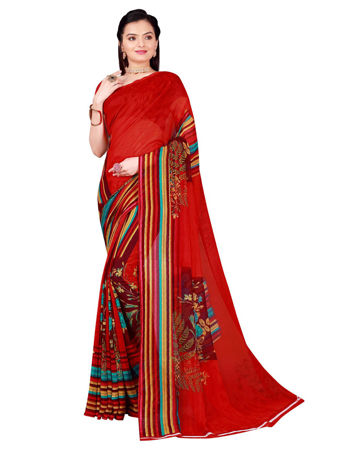 

KALINI Red & Blue Floral Pure Georgette Saree