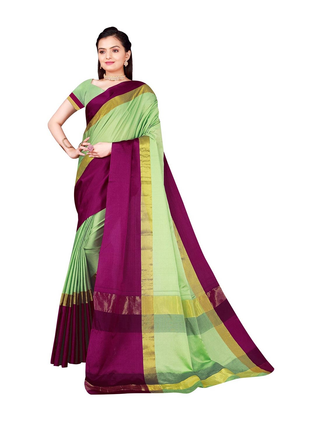 

KALINI Green & Magenta Colourblocked Cotton Silk Saree