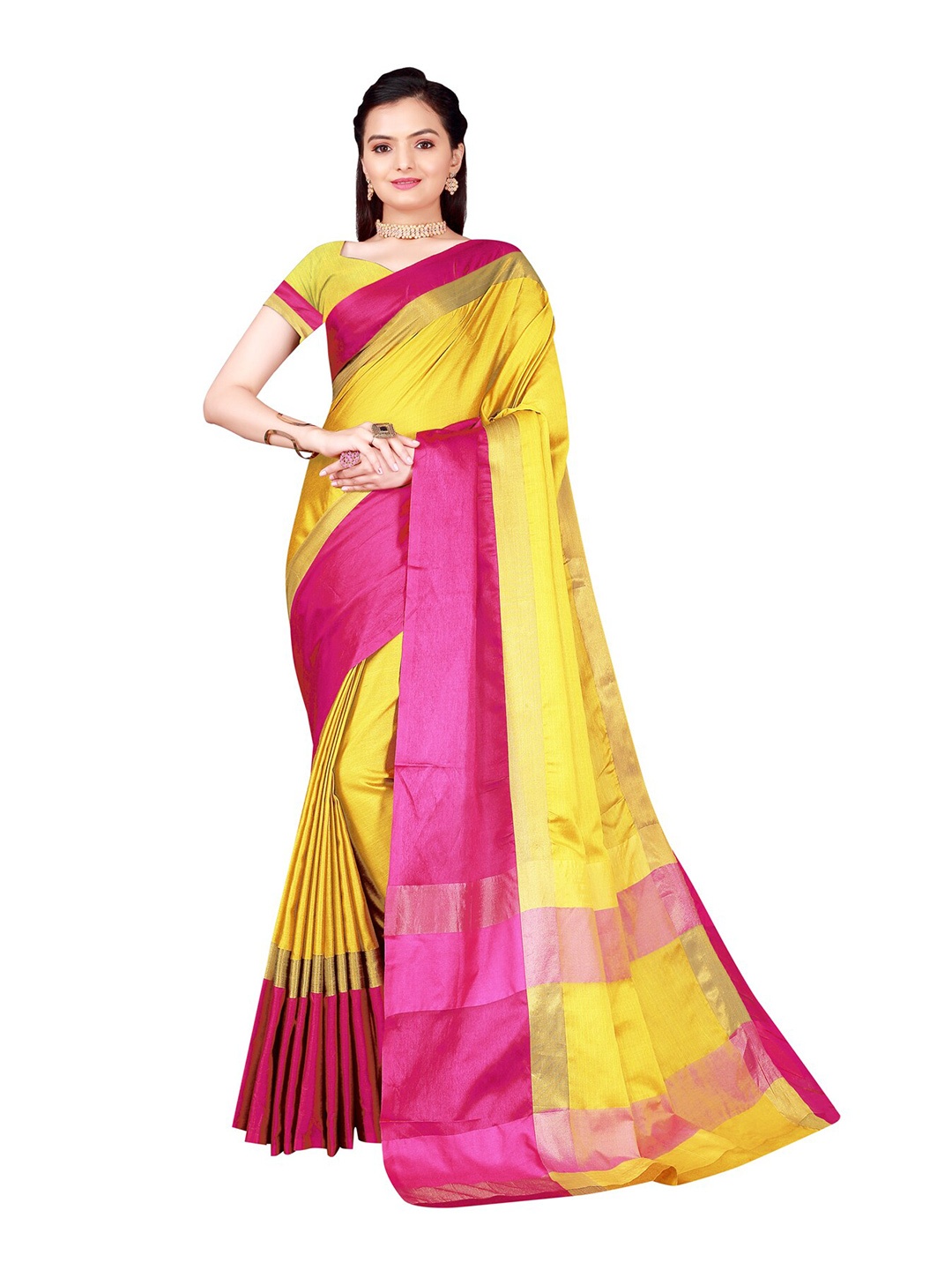 

KALINI Yellow & Pink Silk Cotton Saree