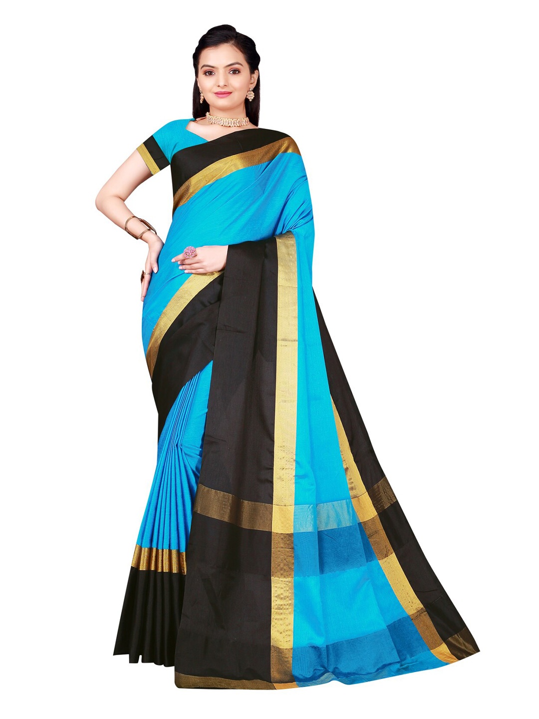 

KALINI Blue & Black Colourblocked Cotton Silk Saree