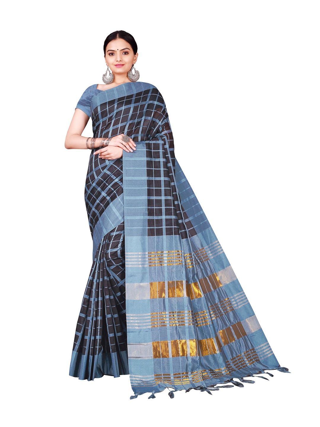 

KALINI Black & Grey Silk Cotton Checked Saree