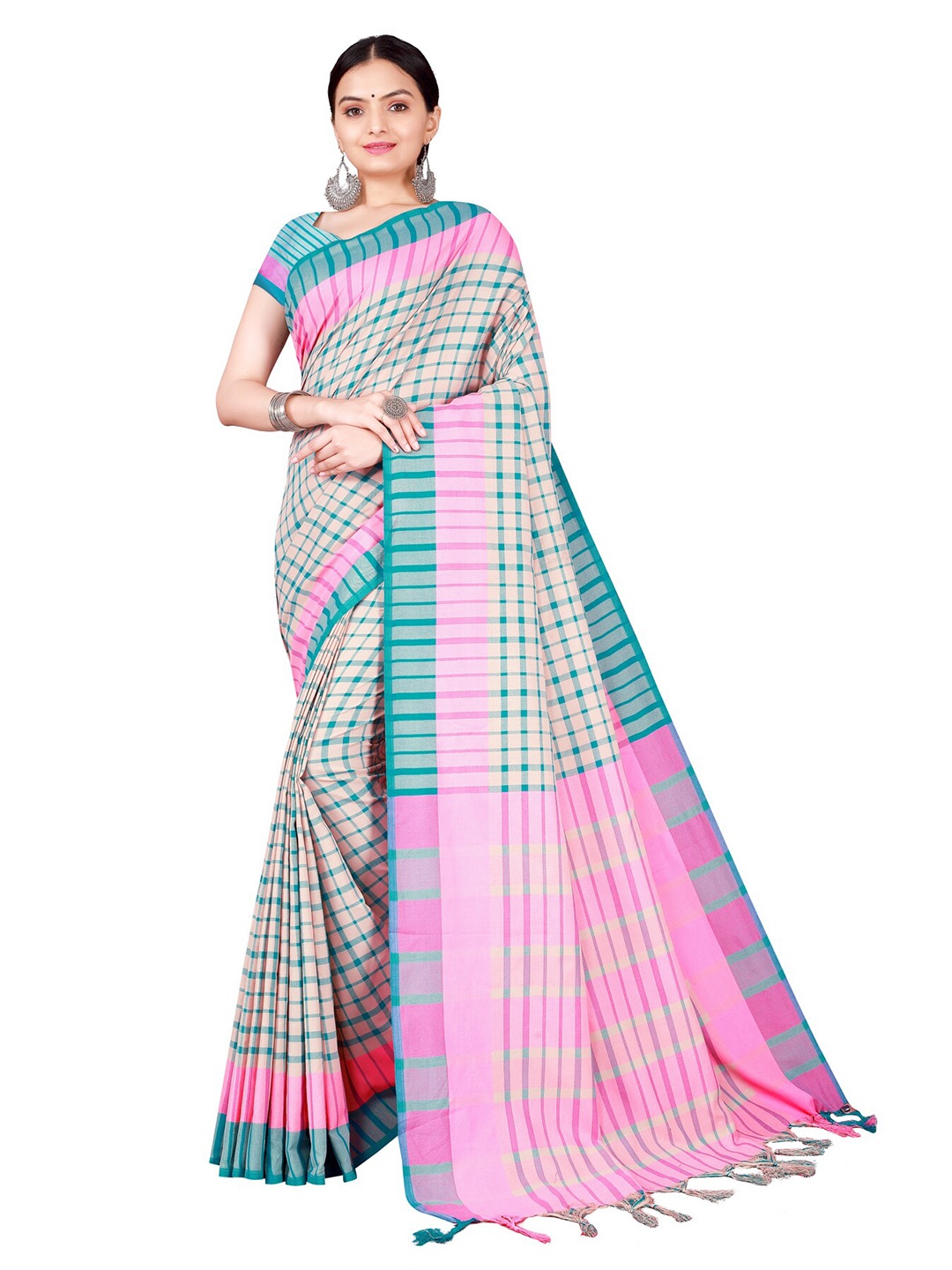 

KALINI Pink & Beige Checked Silk Cotton Saree