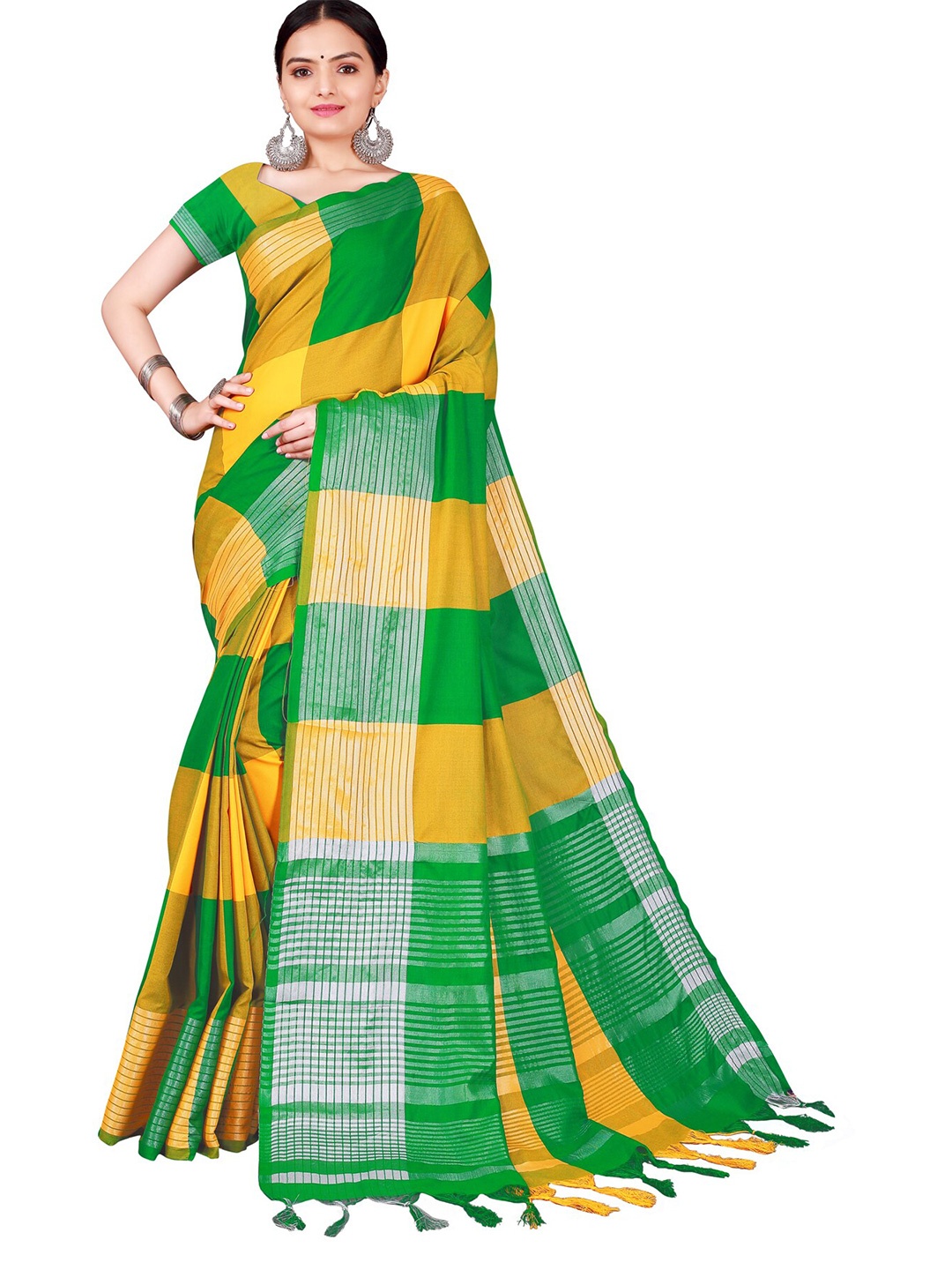 

KALINI Yellow & Green Checked Cotton Silk Saree