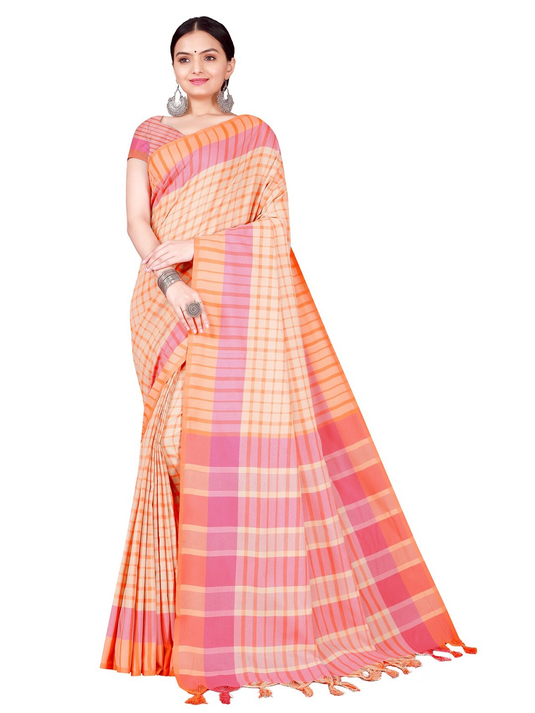 

KALINI Orange & Beige Checked Cotton Silk Saree