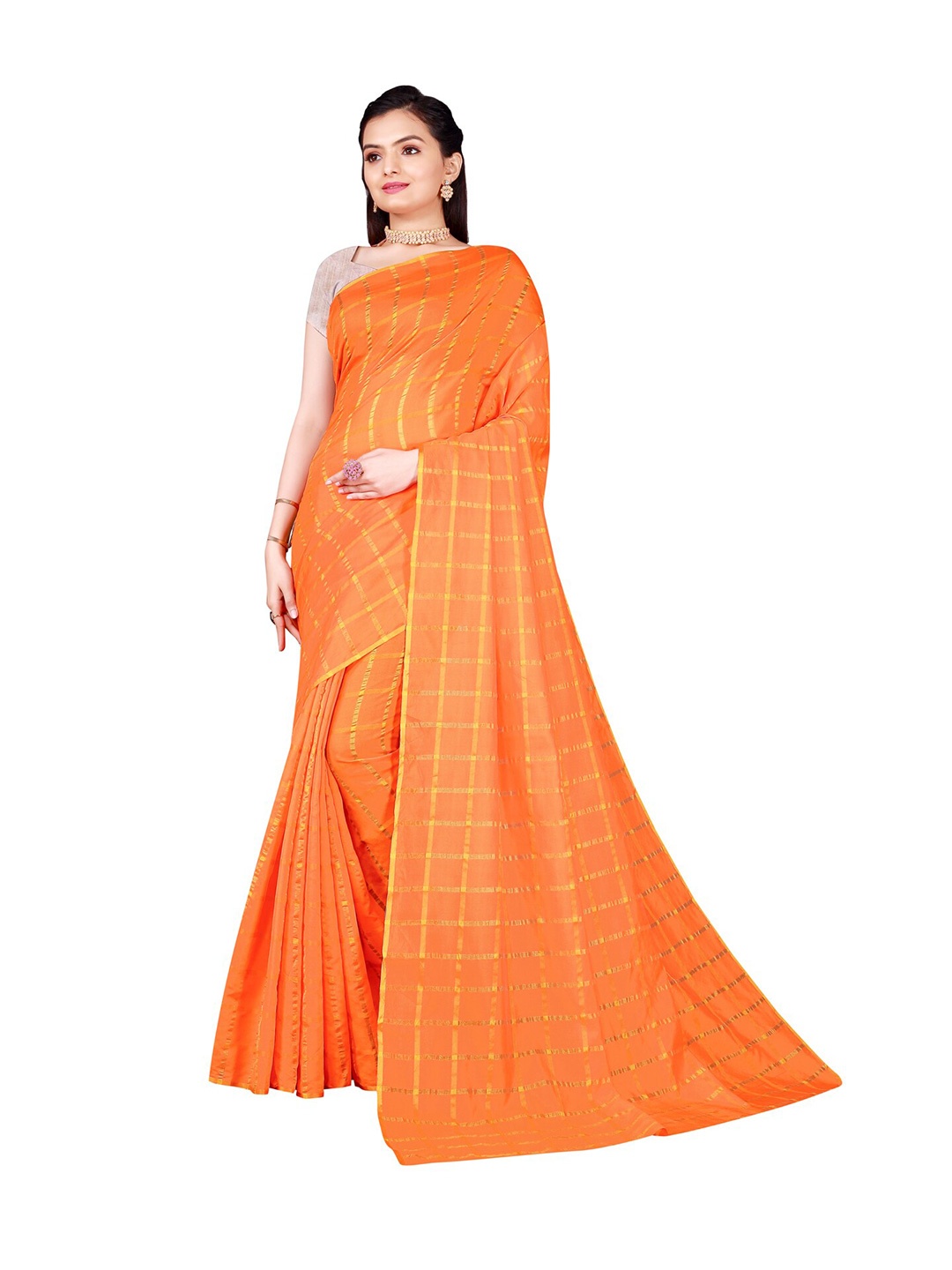 

KALINI Orange & Gold-Toned Woven Design Silk Cotton Saree