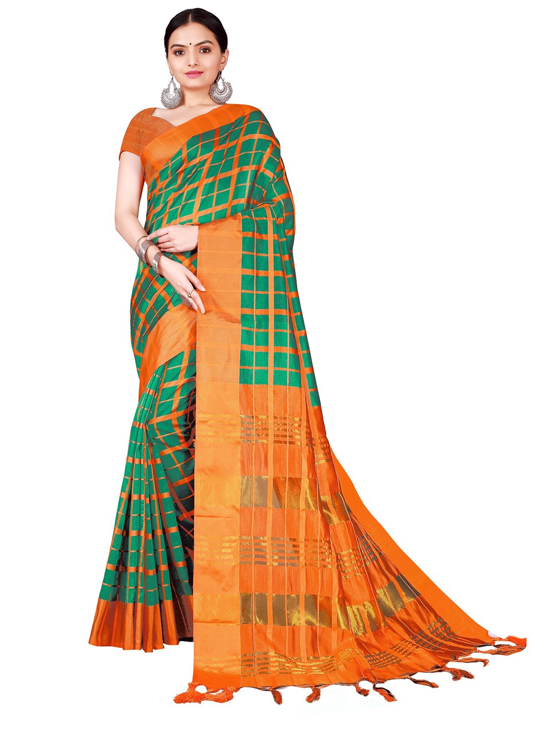 

KALINI Green & Orange Checked Cotton Silk Saree