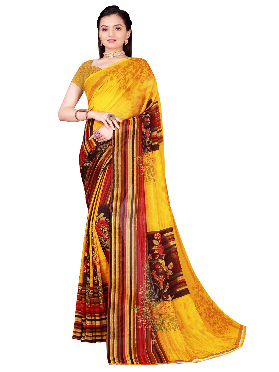 

KALINI Yellow & Red Floral Georgette Saree