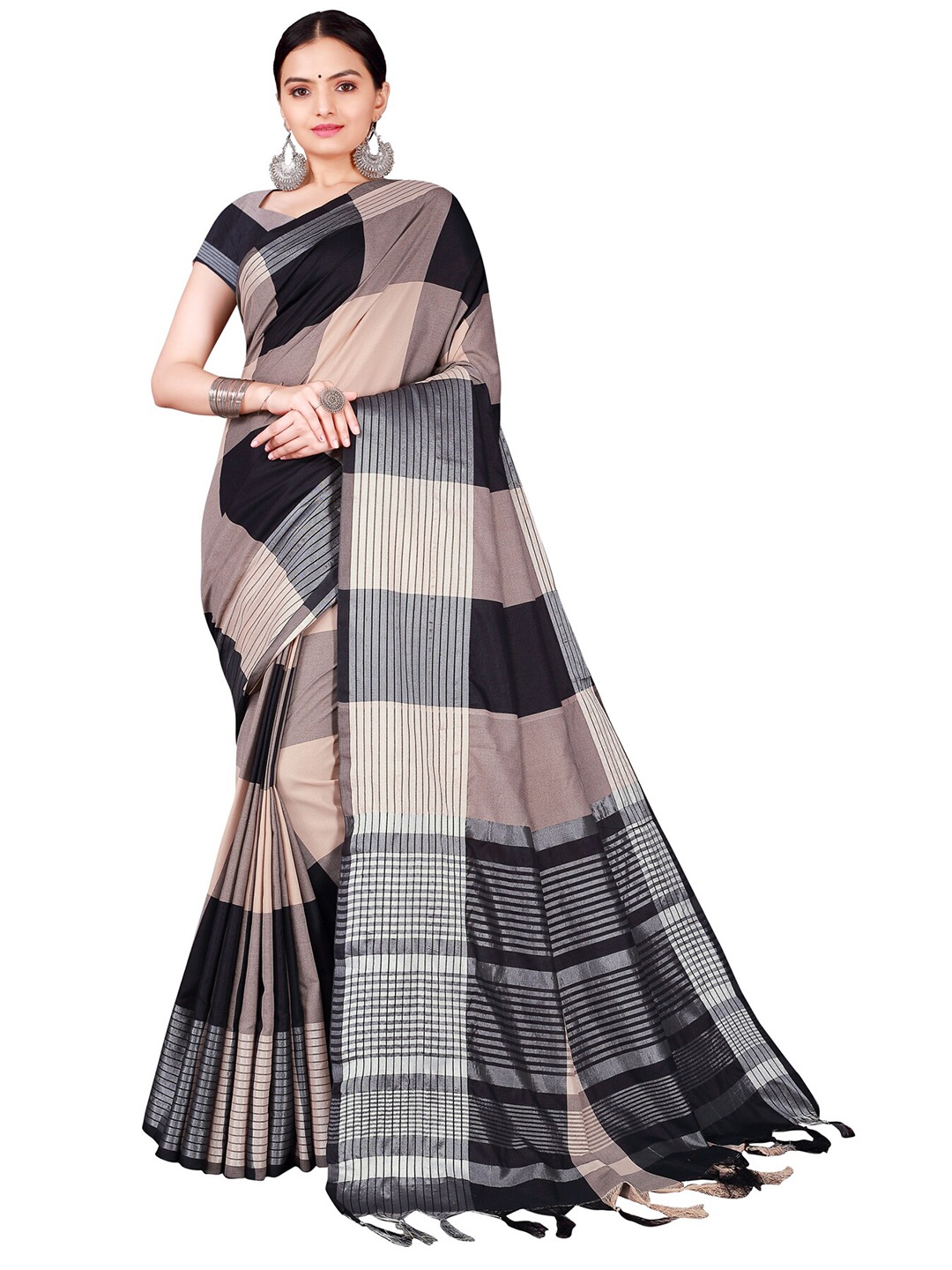 

KALINI Black & Beige Cotton Silk Checked Saree