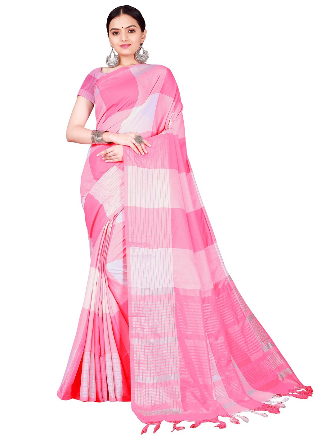 

KALINI Pink & White Checked Cotton Silk Saree