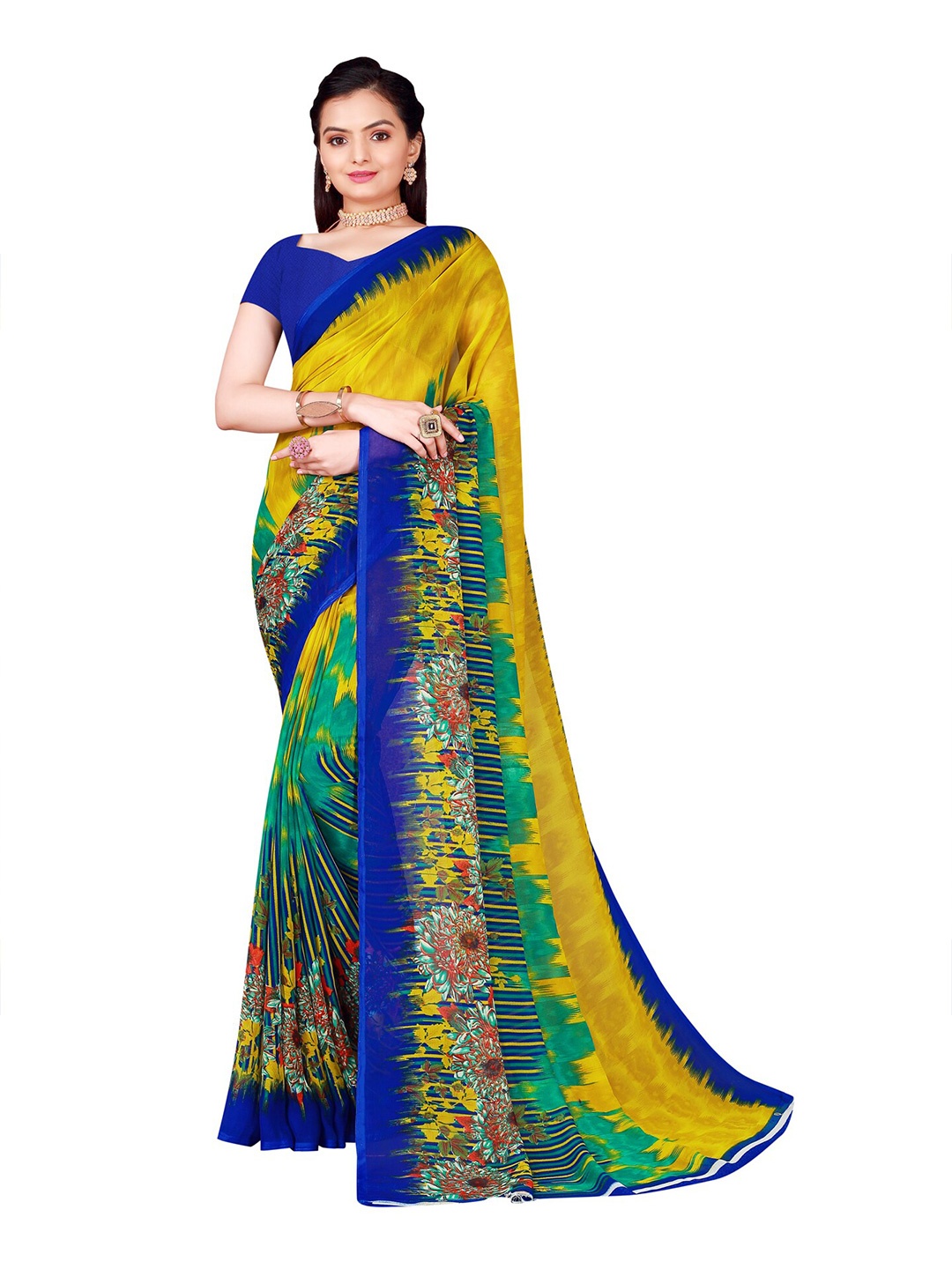 

KALINI Lime Green & Blue Floral Georgette Saree