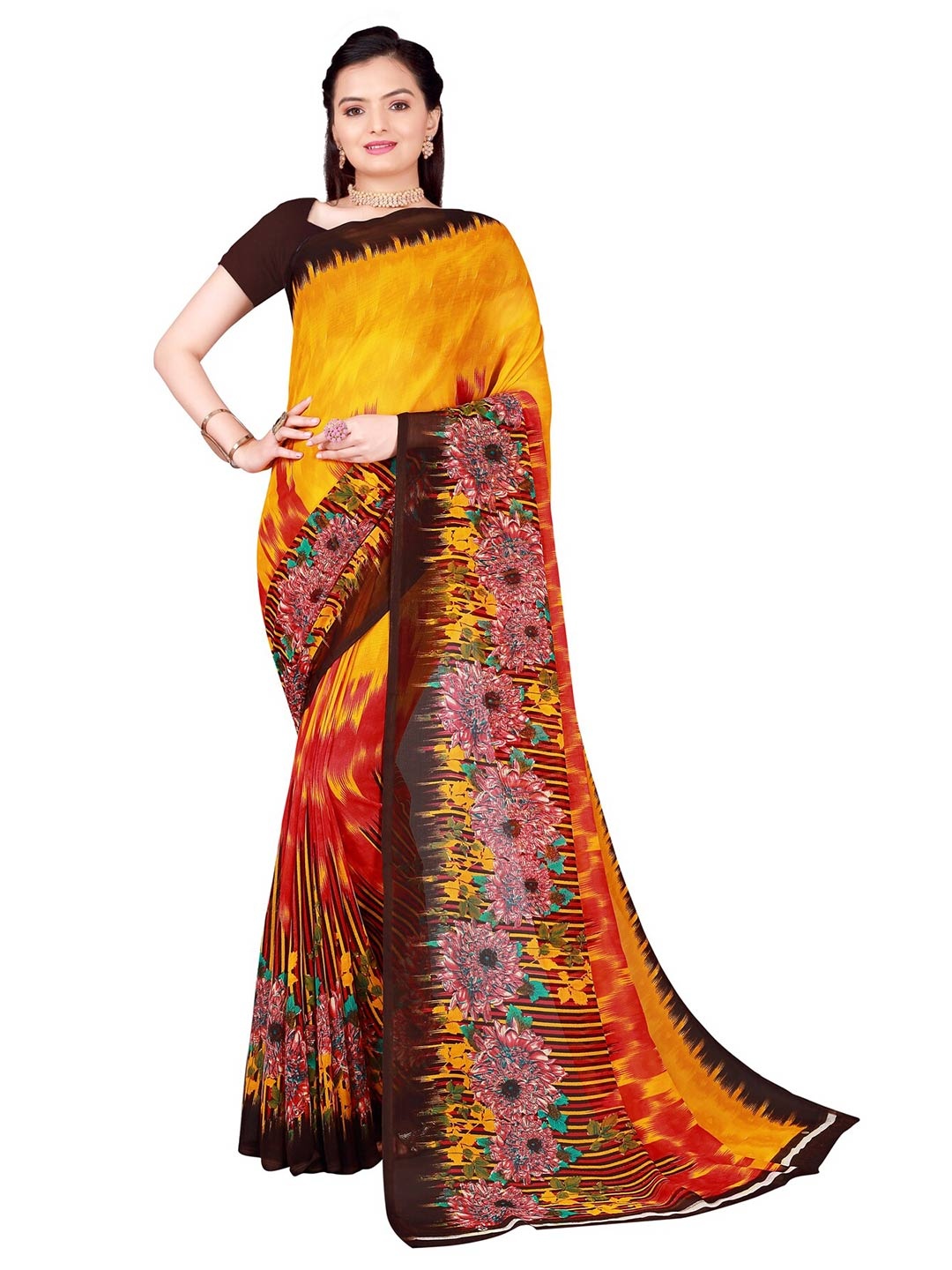 

KALINI Yellow & Brown Floral Pure Georgette Saree