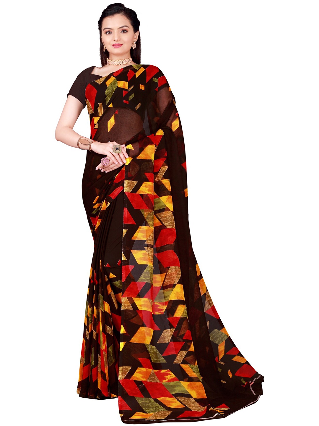 

KALINI Brown & Red Printed Georgette Saree