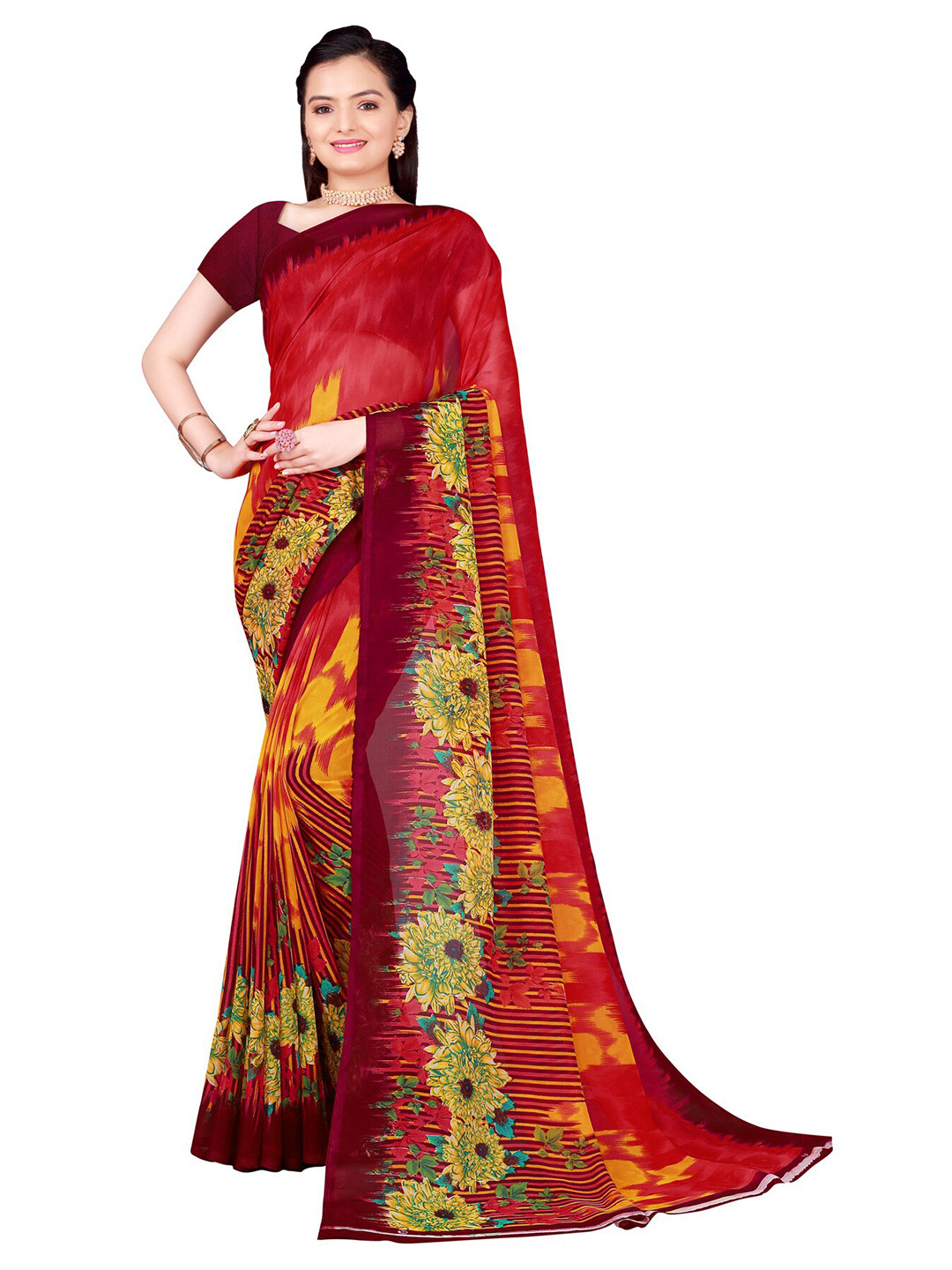 

KALINI Red & Yellow Floral Pure Georgette Saree
