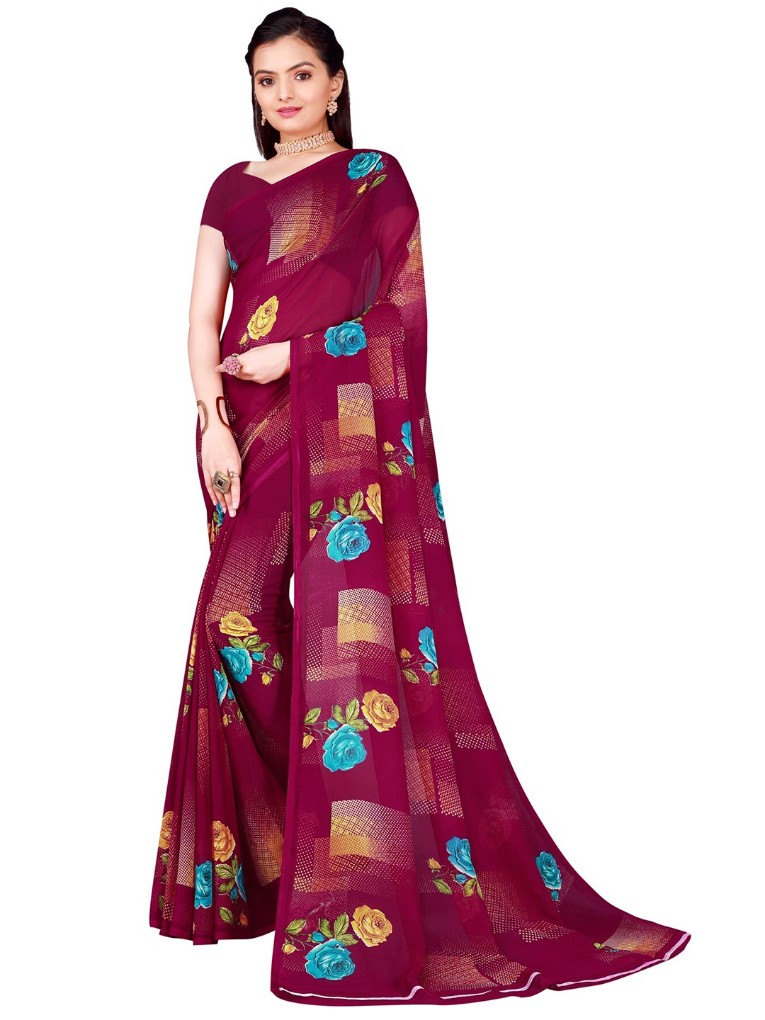 

KALINI Maroon & Blue Floral Pure Georgette Saree