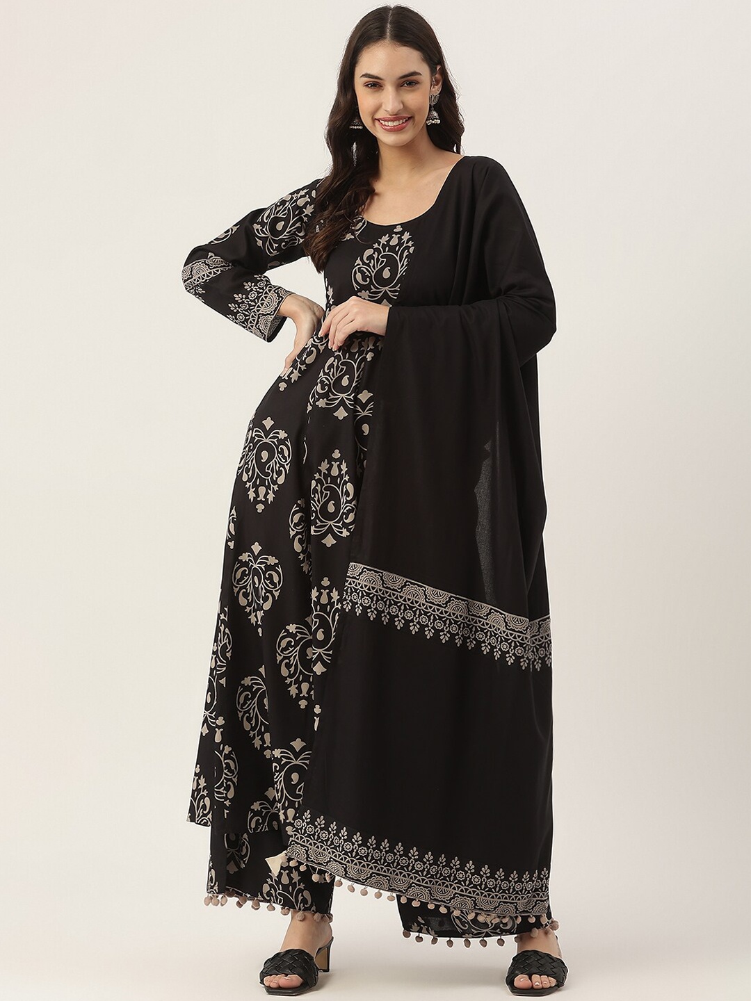 

Rustorange Women Black Floral Printed Pleated Liva Kurti with Palazzos & With Dupatta