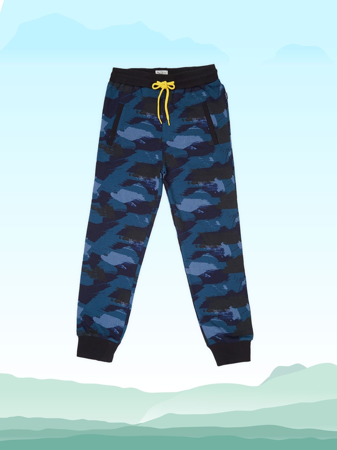 

Pepe Jeans Boys Blue & Black Printed Pure Cotton Joggers