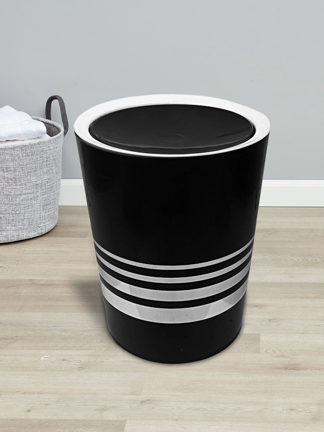 

Kuber Industries Pack Of 2 Black Printed Portable Plastic Swing Lid Dustbin 7 Ltr
