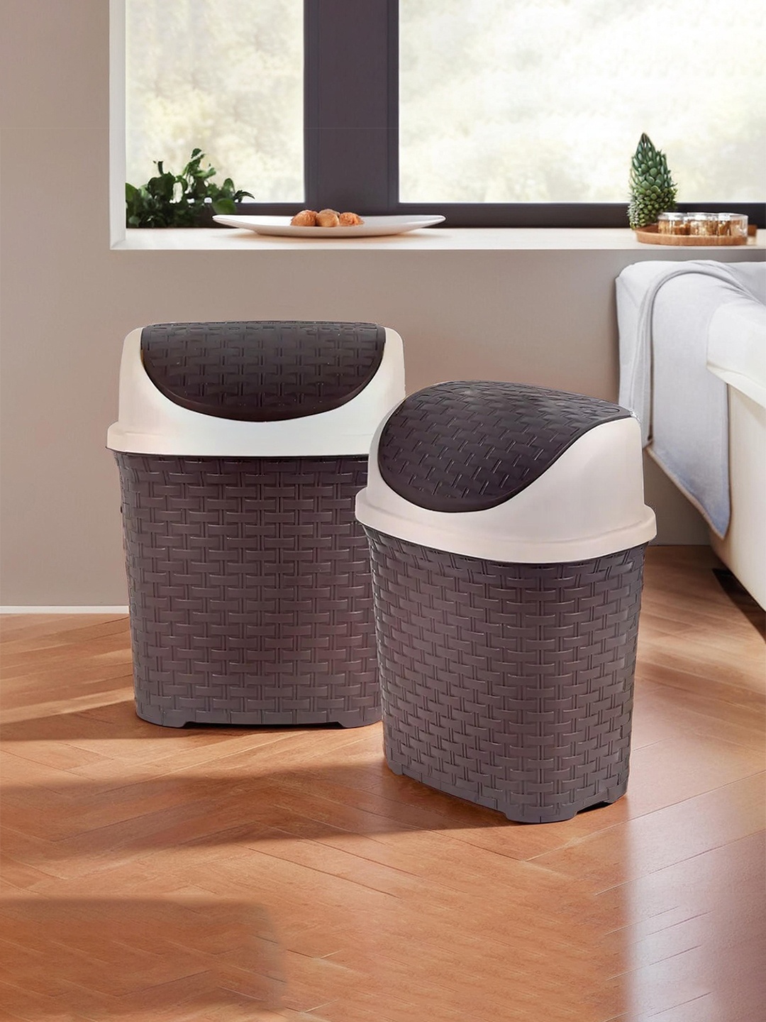 

Kuber Industries Set of 2 Brown & Beige Woven Design Dust Bins With Swing Lid - 7 L Each