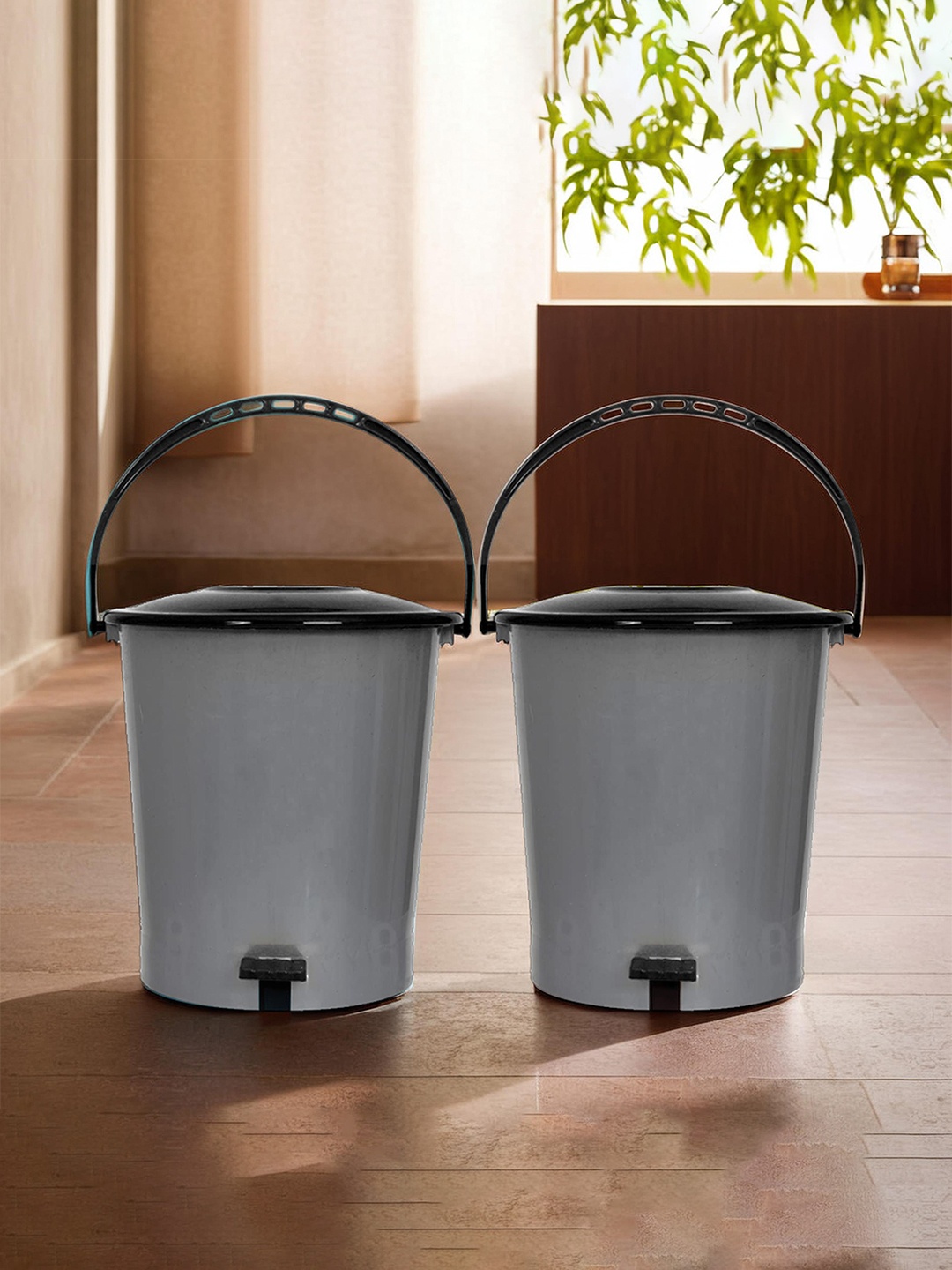 

Kuber Industries Grey & Black Set Of 2 Plastic Pedal Dustbin With Handle