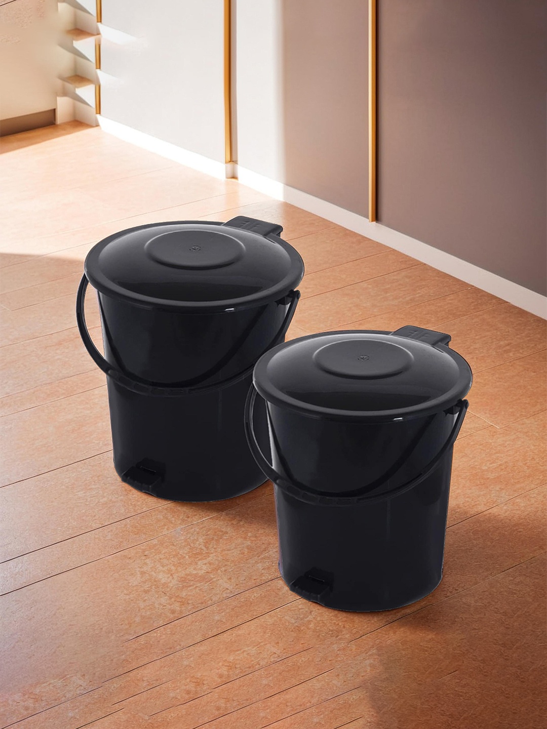 

Kuber Industries Set Of 2 Black Solid Plastic Pedal Dustbin With Handle