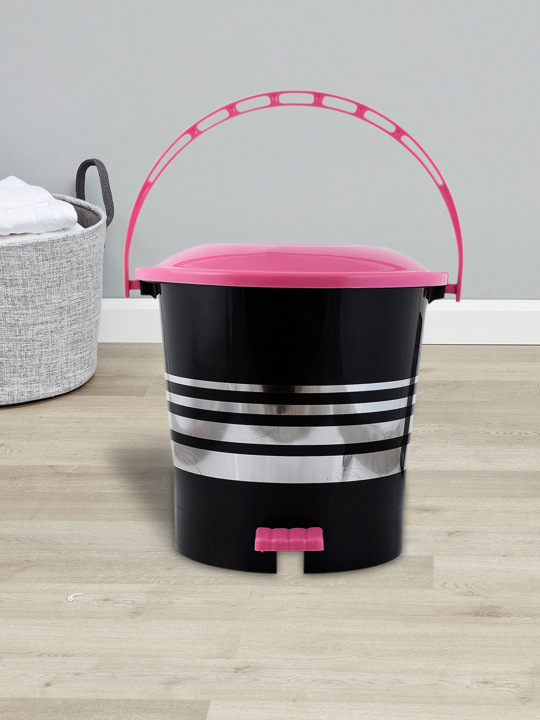 

Kuber Industries Black & Silver Striped Pedal Dustbin With Handle