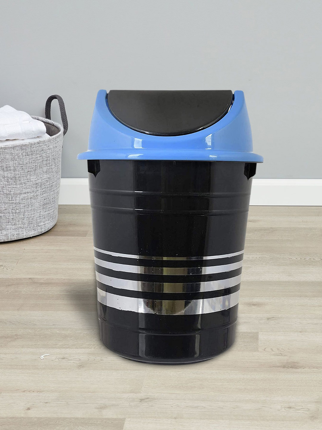 

Kuber Industries Set Of 2 Black And Blue Striped Dustbin