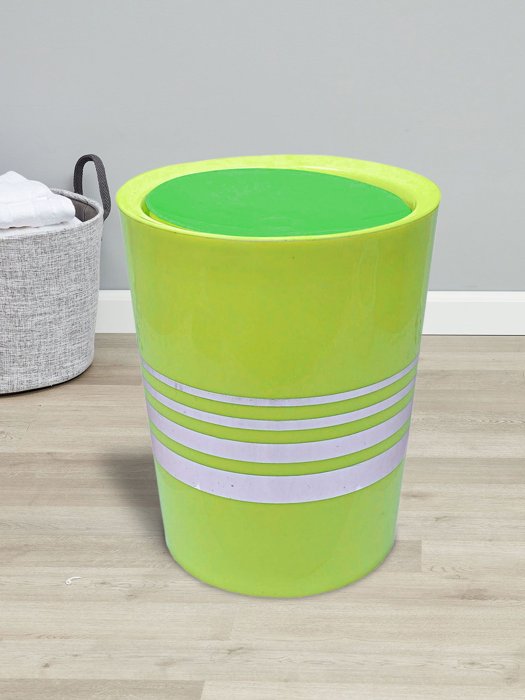 

Kuber Industries Set Of 2 Red & Green Striped 7L Dustbin With Swing Lid