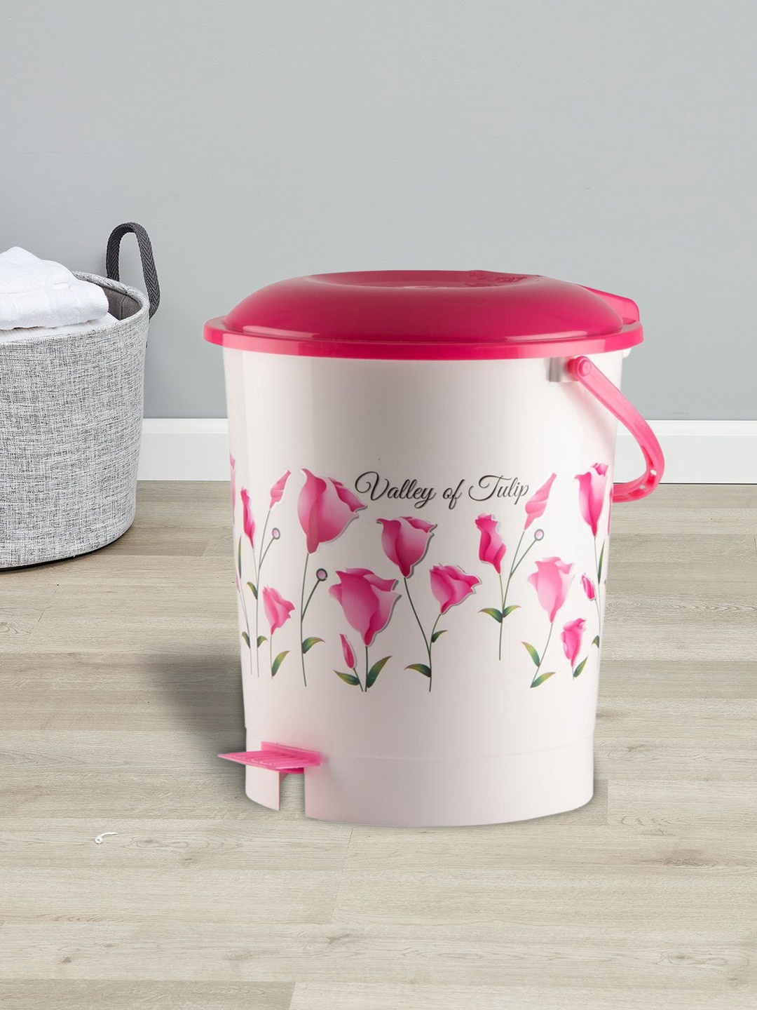 

Kuber Industries Pink & White Printed Dustbin With Handle