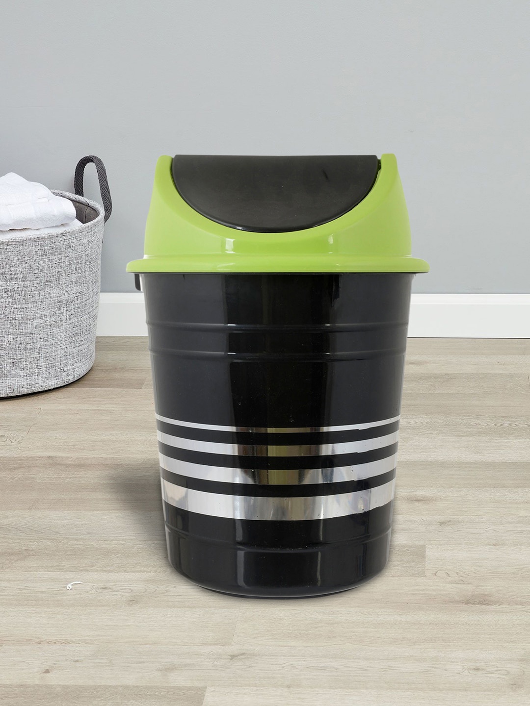 

Kuber Industries Set Of 2 Black & Green Striped Push Can Dustbin