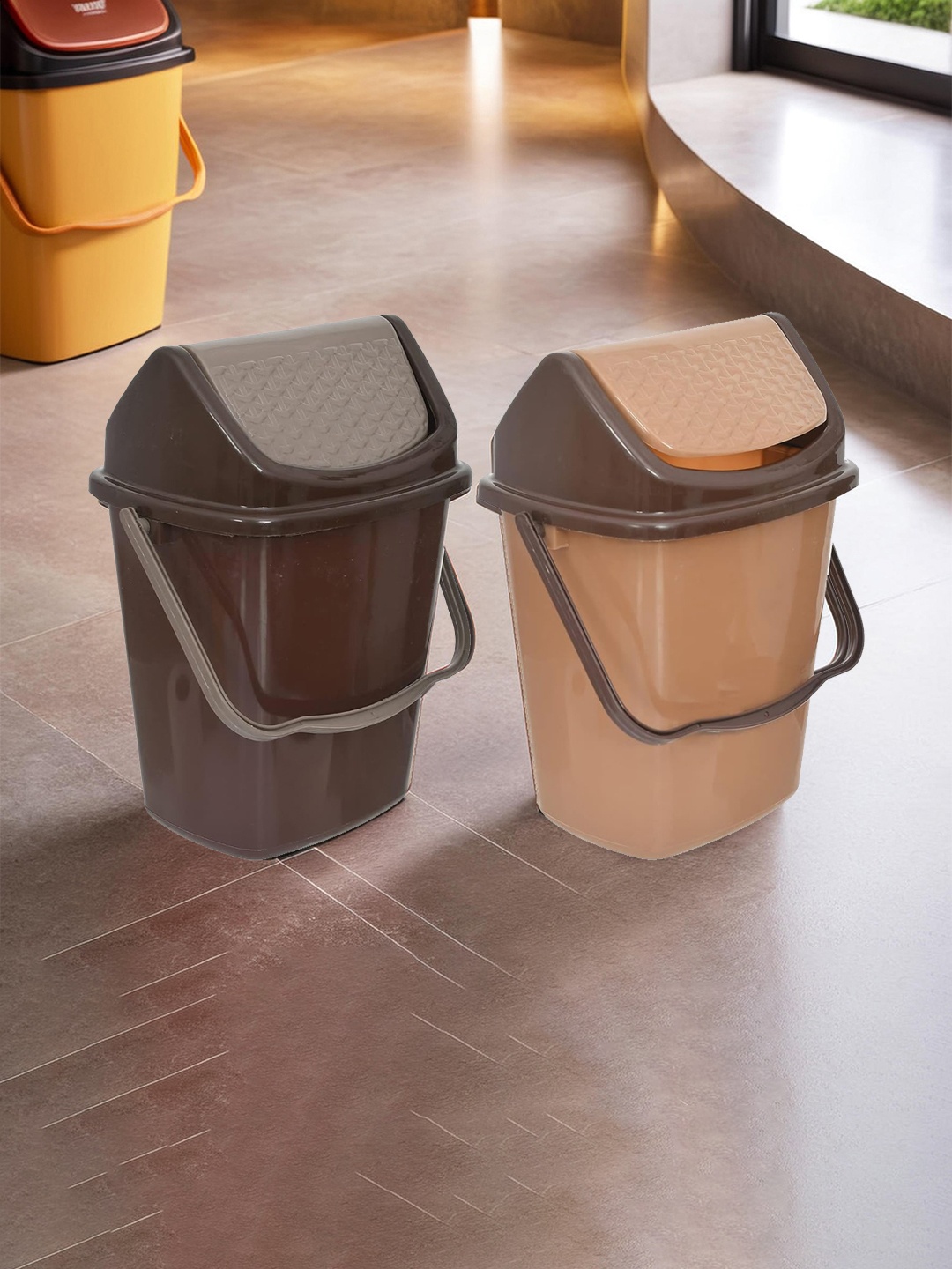 

Kuber Industries Set Of 2 Brown & Peach Plastic Dustbin With Swing Handle