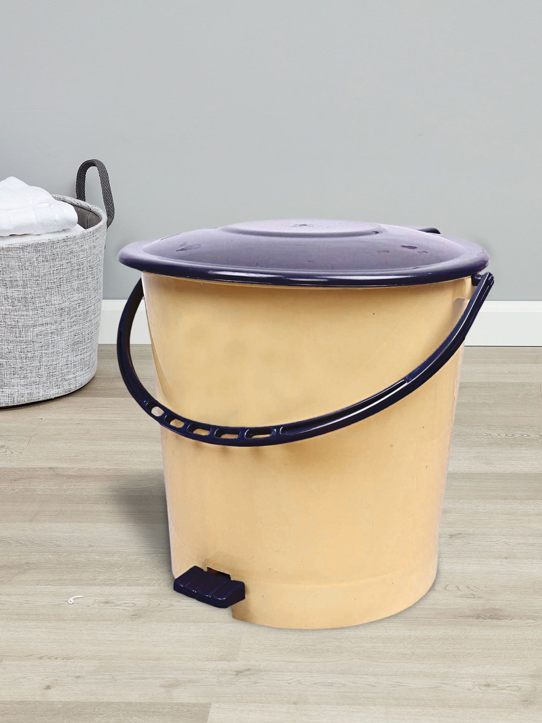 

Kuber Industries Cream & Brown Plastic Pedal Dustbin With Handle Set Of 2