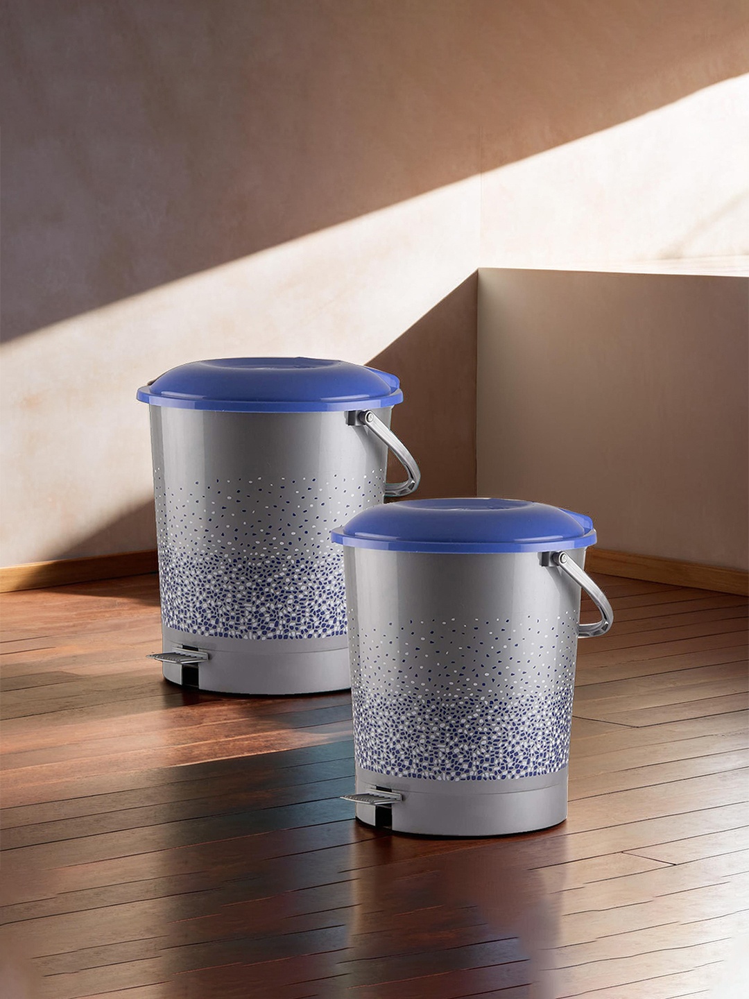 

Kuber Industries Set Of 2 Grey & Blue Printed Plastic Pedal Dustbins With Handle