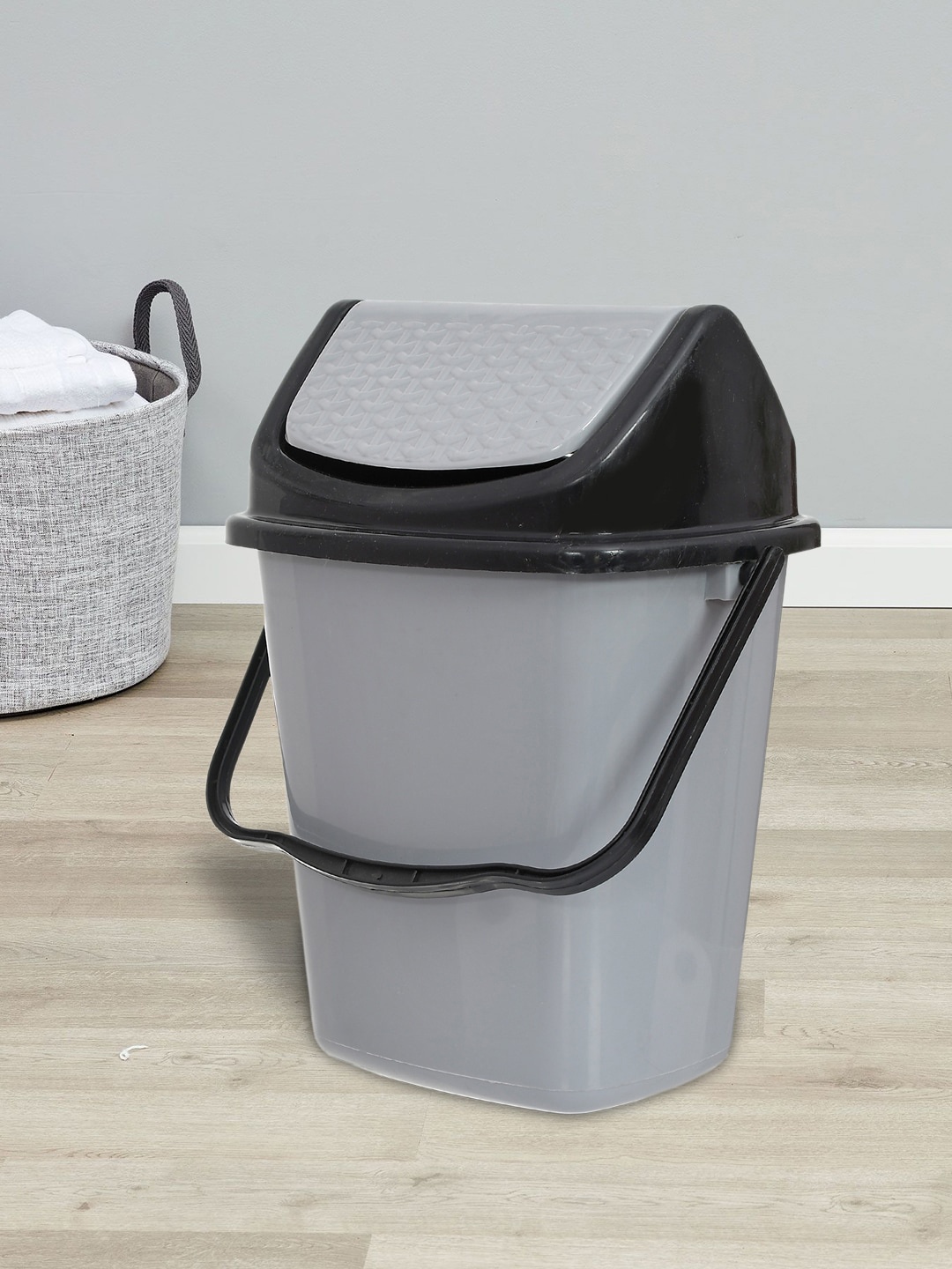 

Kuber Industries Set Of 2 Grey & Black Plastic Dustbin With Swing Handle