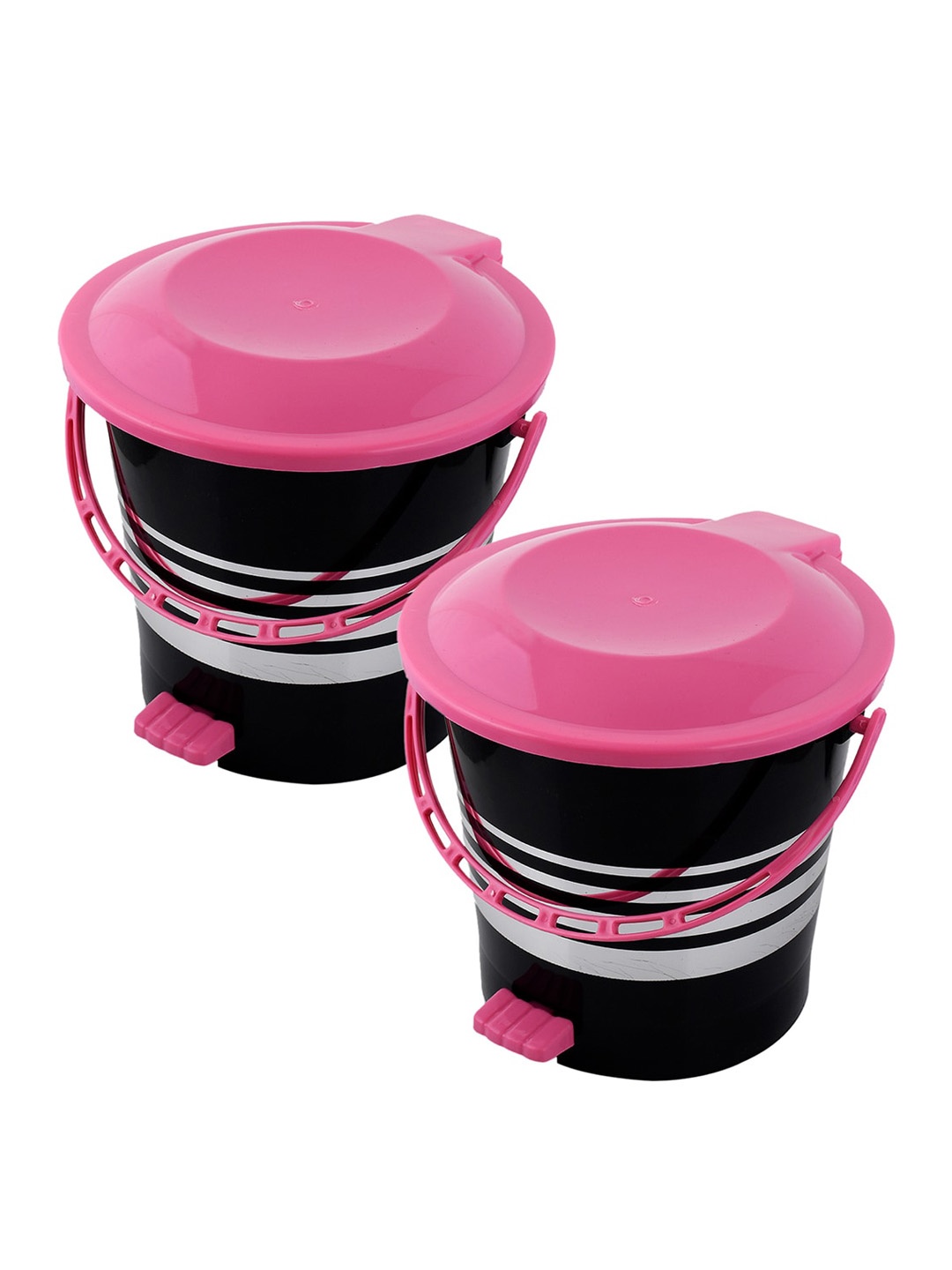 

Kuber Industries Set Of 2 Black & Pink Striped 10 L Plastic Pedal Dustbin With Handle