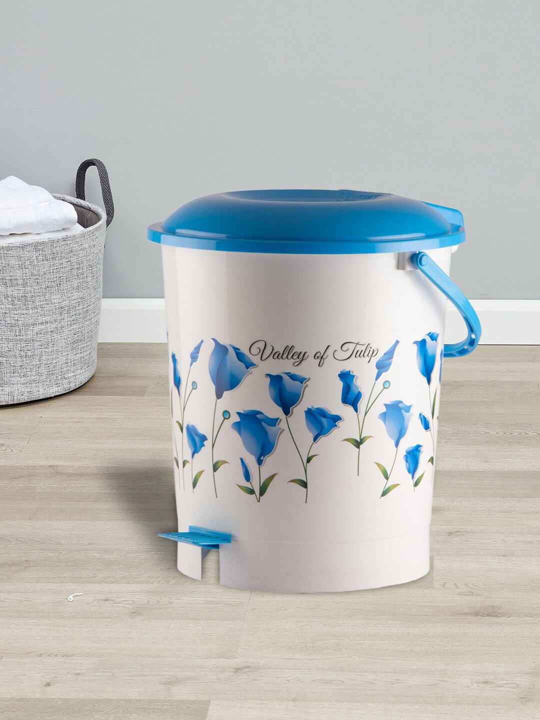 

Kuber Industries Set Of 2 Pink & Blue Floral Printed 10L Pedal Dustbin With Handle