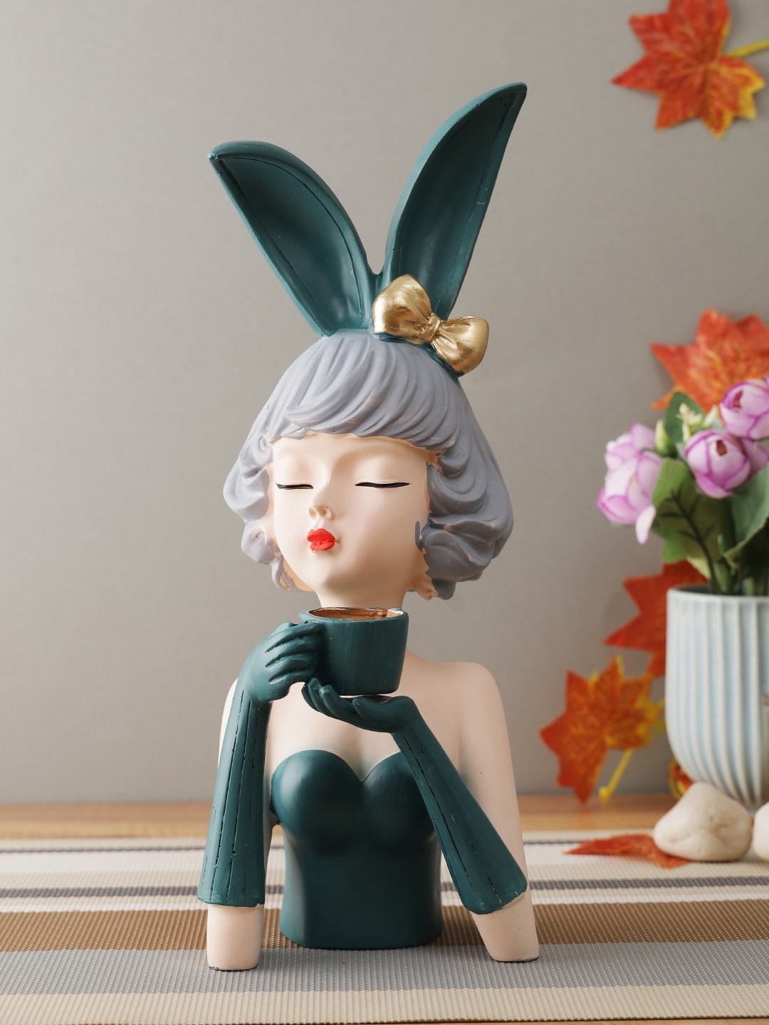 

CraftVatika Green Bowknot Lady With Cup Showpiece