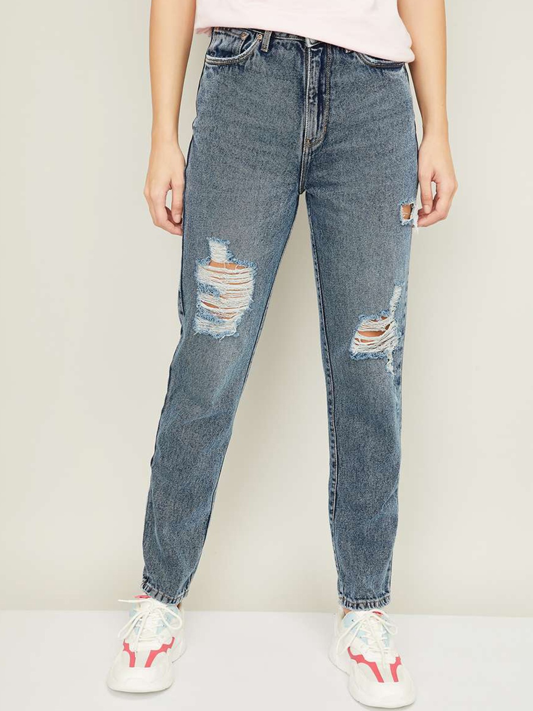 

Xpose Women Blue Comfort High-Rise Highly Distressed Heavy Fade Jeans