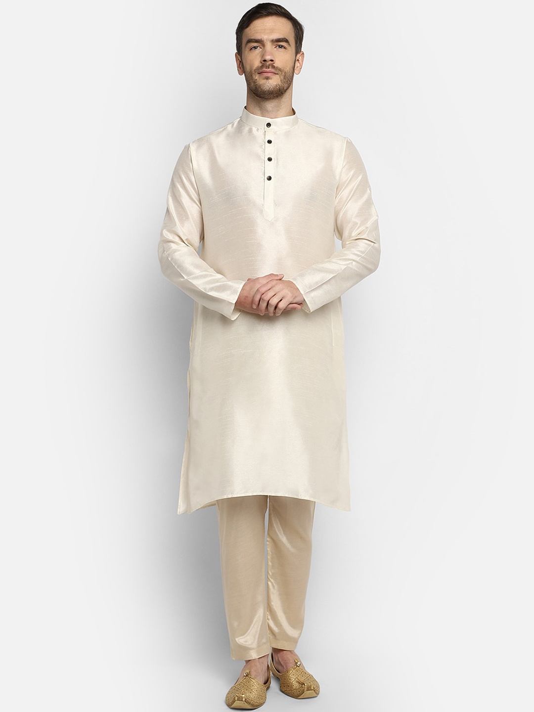 

DEVOILER Men White Dupion Silk Kurta with Pyjamas