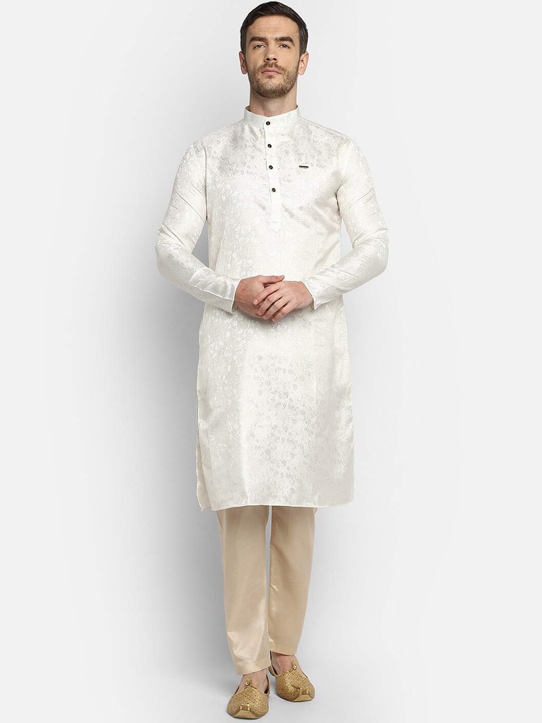 

DEVOILER Men White Embroidered Angrakha Kurta with Pyjamas