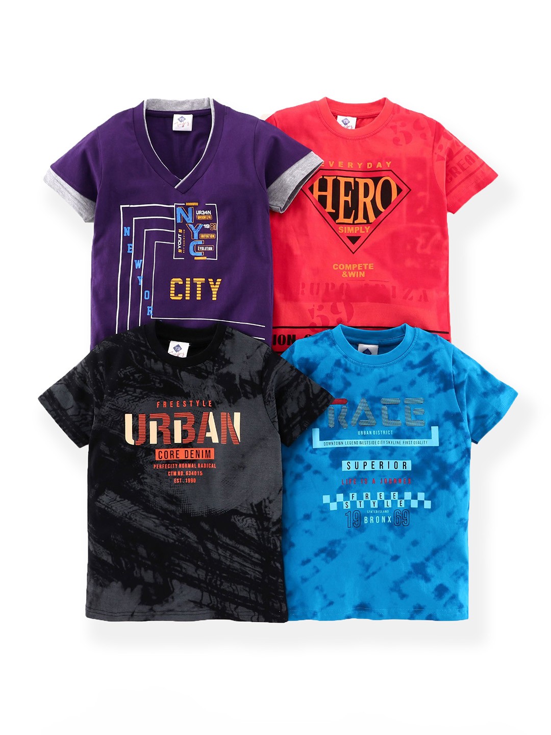

TONYBOY Boys Pack of 4 Multicoloured 4 Printed Cotton V-Neck T-shirt, Multi