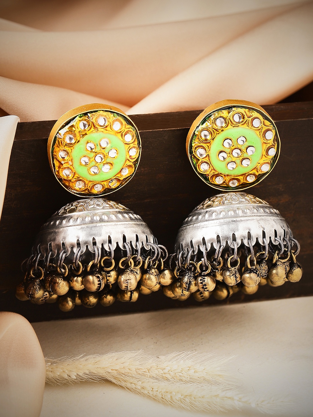 

Rubans Oxidised Silver-Toned Kundan Studded Green Enamelled Jhumkas