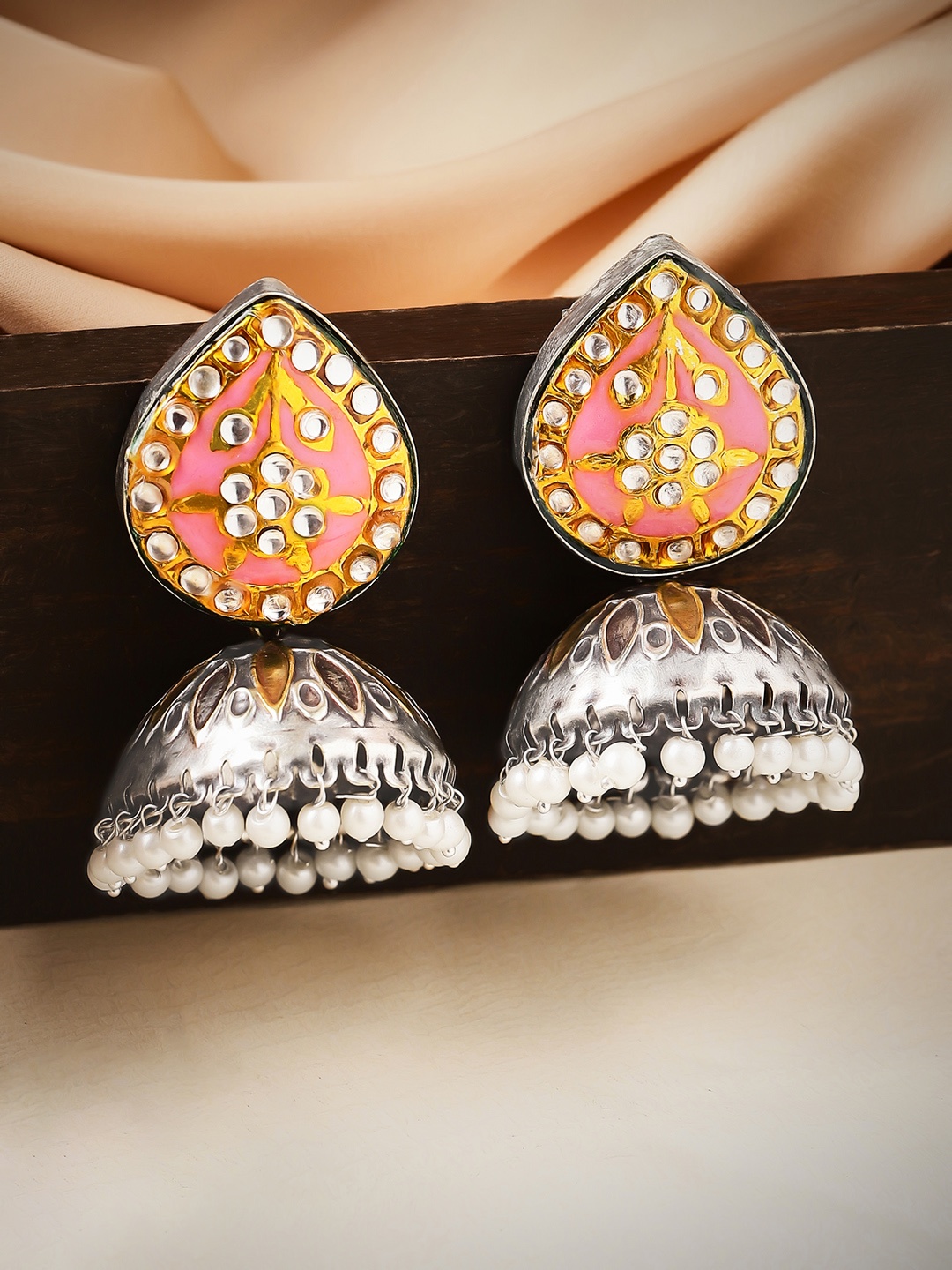 

Rubans Silver-Toned Dome Shaped Jhumkas Earrings