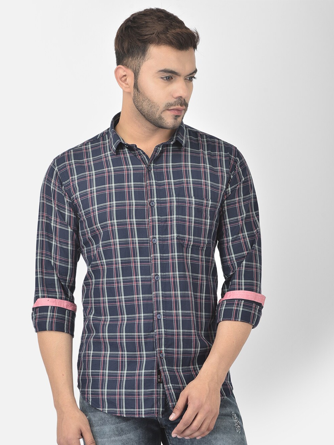 

COBB Men Navy Blue Relaxed Slim Fit Tartan Checks Checked Cotton Casual Shirt