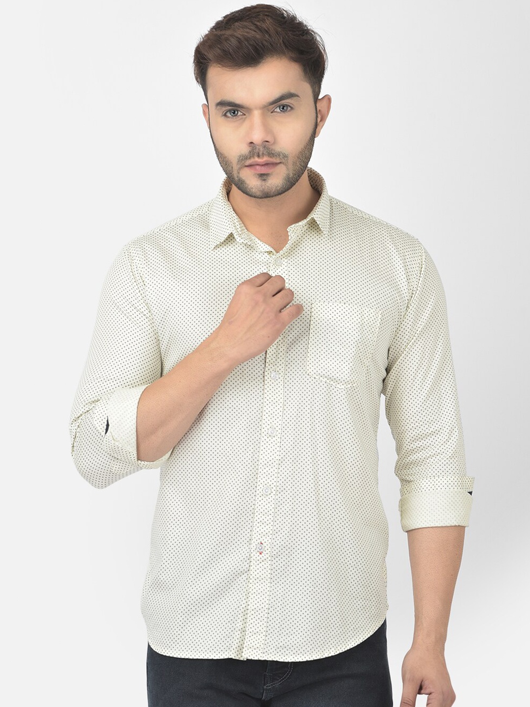 

COBB Men Cream-Coloured Relaxed Slim Fit Printed Cotton Casual Shirt