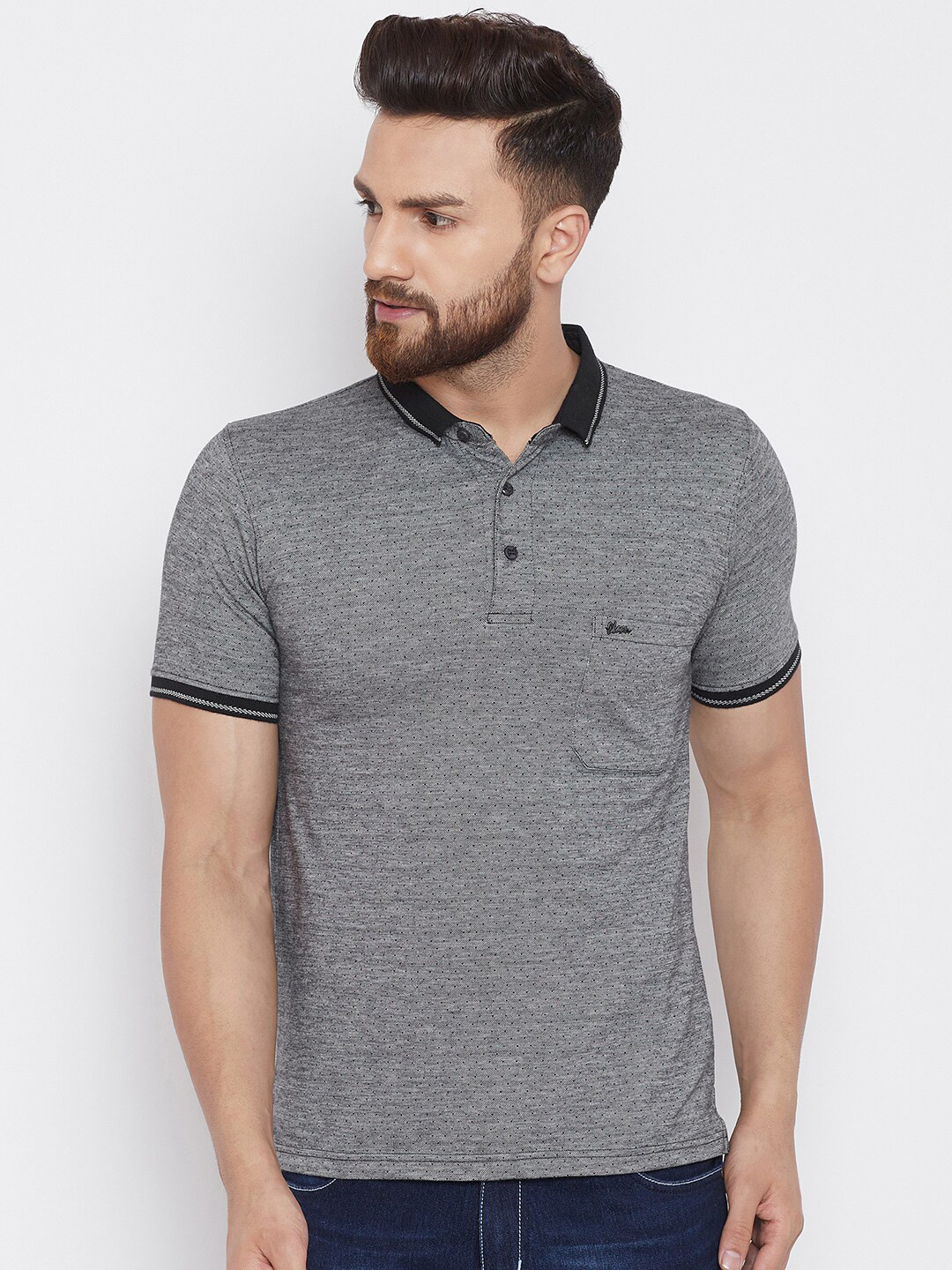 

Okane Men Black & Grey Polo Collar Cotton T-shirt