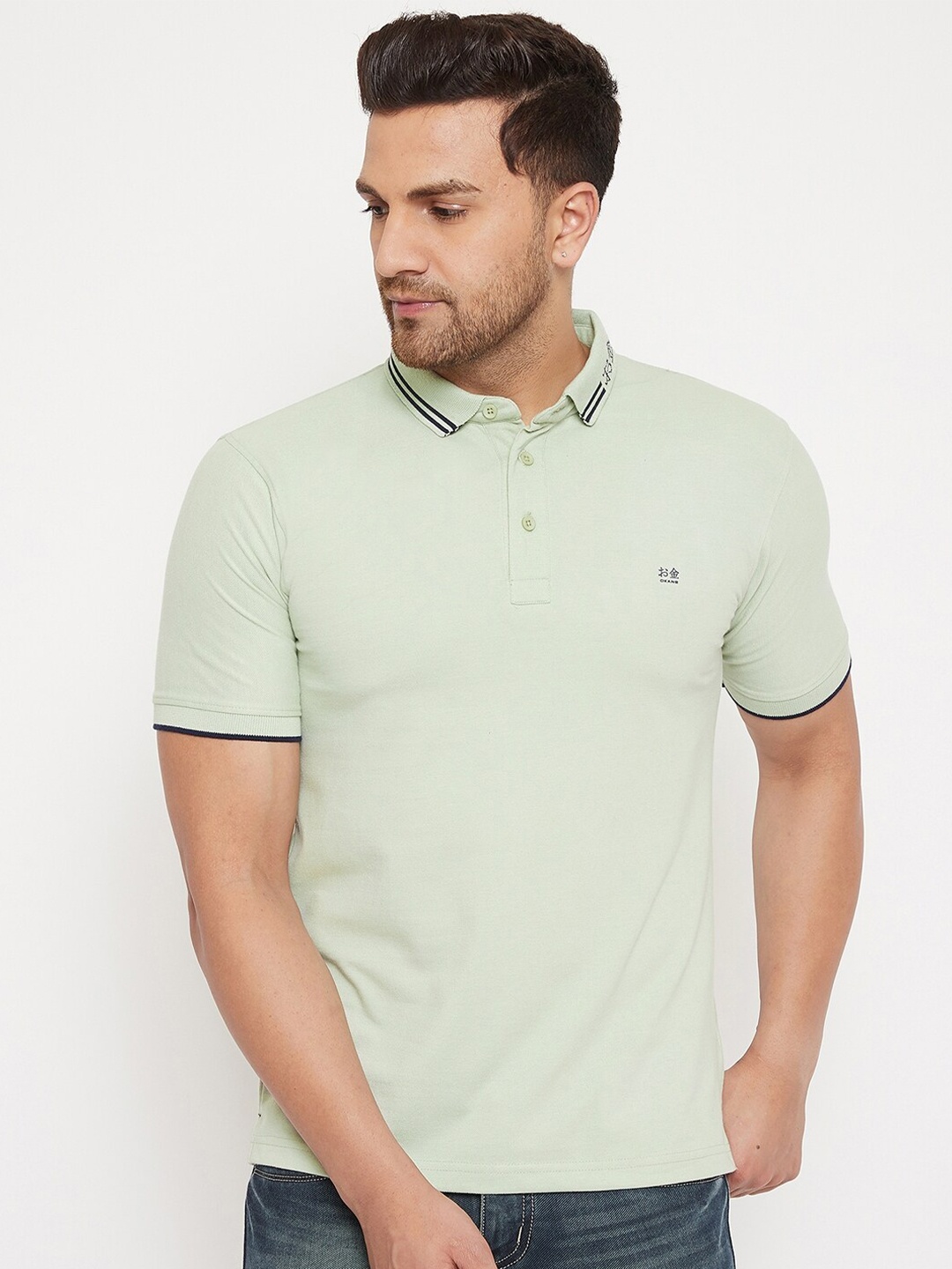 

Okane Men Green Polo Collar T-shirt