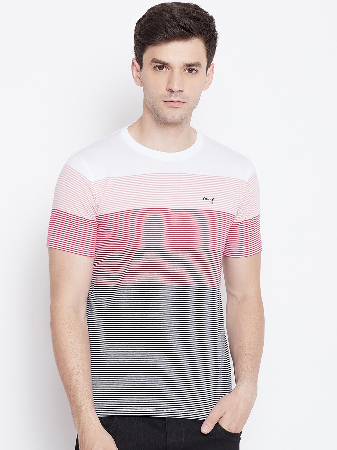 

Okane Men Red & White Striped Cotton T-shirt
